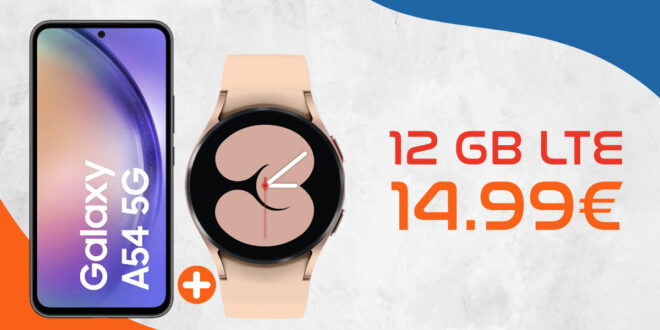 Samsung Galaxy A54 & Samsung Galaxy Watch4 für einmalig 29 Euro mit 12GB LTE nur 14,99 Euro monatlich