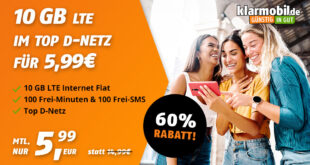 10GB LTE im Vodafone-Netz & 100 Frei-Minuten & 100 Frei-SMS für nur 5,99 Euro monatlich - kein Anschlusspreis - eSim möglich