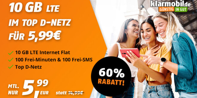 10GB LTE im Vodafone-Netz & 100 Frei-Minuten & 100 Frei-SMS für nur 5,99 Euro monatlich - kein Anschlusspreis - eSim möglich