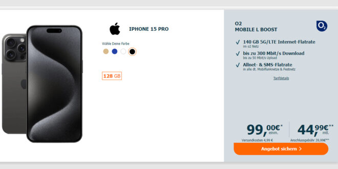 Apple iPhone 15 Pro für einmalig 99 Euro mit 140GB 5GLTE nur 44,99 Euro monatlich