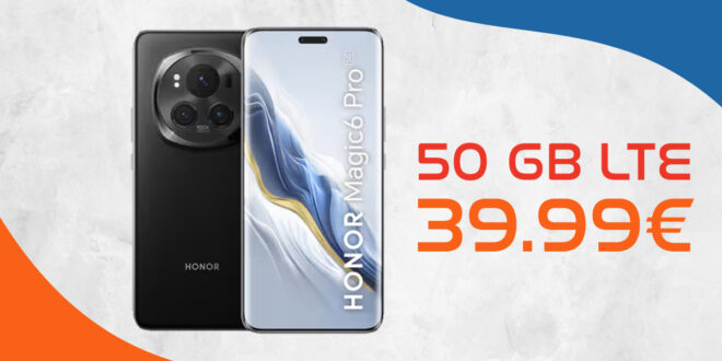Honor Magic 6 Pro -512GB- für 49,95€ Zuzahlung mit 50GB 5GLTE und 200 Euro Wechselbonus bei Mitnahme der Nummer nur 39,99 Euro monatlich.
