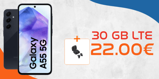 Samsung Galaxy A55 Enterprise Edition & Galaxy Buds FE für einmalig 29 Euro mit 30 GB LTE nur 22 Euro monatlich
