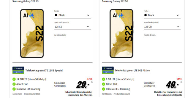 Samsung Galaxy S22 Trade-In (Einsendung Altgerät) Deals - Einmalig für 49 Euro mit 6GB LTE nur 9,99 Euro monatlich - Einmalig 29 Euro mit 12GB LTE nur 12,99 Euro monatlich