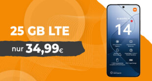 Xiaomi 14 für einmalig 19 Euro mit 25GB LTE und 50 Euro Wechselbonus bei Rufnummermitnahme nur 34,99 Euro monatlich