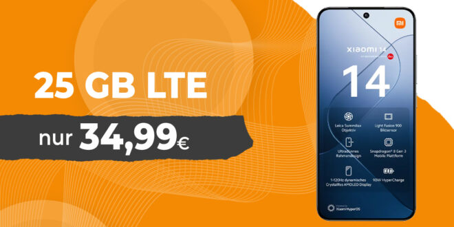 Xiaomi 14 für einmalig 19 Euro mit 25GB LTE und 50 Euro Wechselbonus bei Rufnummermitnahme nur 34,99 Euro monatlich