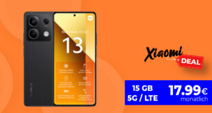 Xiaomi Redmi Note 13 mit 15GB LTE/5G nur 17,99 Euro monatlich – nur 1 Euro Zuzahlung und kein Anschlusspreis