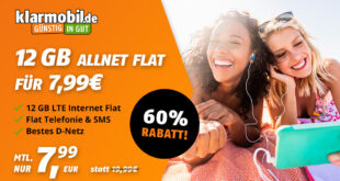klarmobil 12GB LTE Telekom Allnet Flat für nur 7,99 Euro monatlich