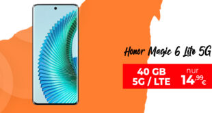 Honor Magic 6 Lite 5G -256GB- für einmalig 29 Euro mit 40GB 5GLTE und 50 Euro Wechselbonus bei erfolgreicher Rufnummermitnahme (gegen SMS Versand) nur 14,99 Euro monatlich