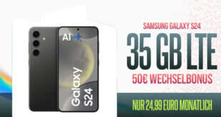Samsung Galaxy S24 mit Trade-In Bonus (Einsendung Altgerät) für einmalig 29 Euro mit 35GB 5GLTE & 50 Euro Wechselbonus bei Rufnummermitnahme nur 24,99 Euro monatlich