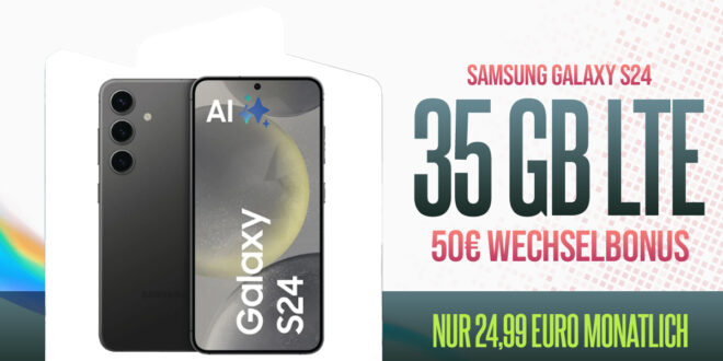 Samsung Galaxy S24 mit Trade-In Bonus (Einsendung Altgerät) für einmalig 29 Euro mit 35GB 5GLTE & 50 Euro Wechselbonus bei Rufnummermitnahme nur 24,99 Euro monatlich