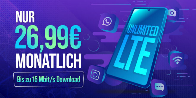 Unlimited LTE Datenvolumen monatlich kündbar - bis zu 15 Mbit/s im Download nur 26,99 Euro monatlich