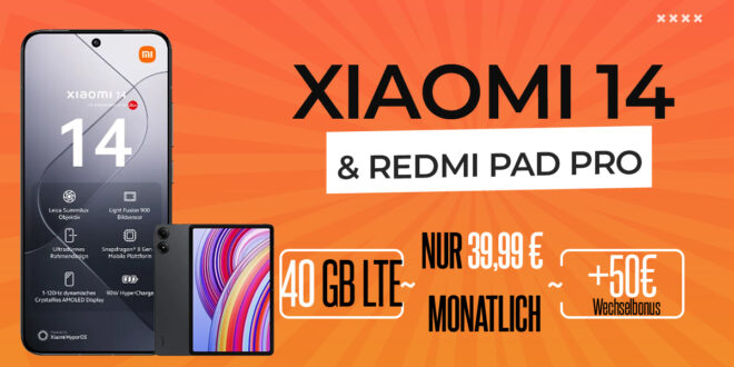 Xiaomi 14 5G & Xiaomi Redmi Pad Pro für einmalig 79 Euro mit 40GB LTE und 50 Euro Wechselbonus bei Rufnummermitnahme nur 39,99 Euro monatlich