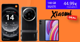 Xiaomi 14 Ultra 5G -512GB- & Xiaomi Photography Kit & Xiaomi Redmi Pad Pro für einmalig 129 Euro mit 140GB 5GLTE nur 44,99 Euro monatlich