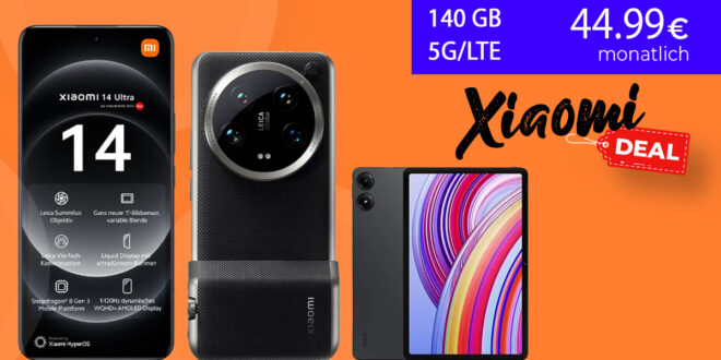 Xiaomi 14 Ultra 5G -512GB- & Xiaomi Photography Kit & Xiaomi Redmi Pad Pro für einmalig 129 Euro mit 140GB 5GLTE nur 44,99 Euro monatlich