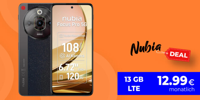 Nubia Focus Pro 5G -256GB- für einmalig 29 Euro mit 13GB LTE & 30 Euro Wechselbonus bei Rufnummermitnahme nur 12,99 Euro monatlich