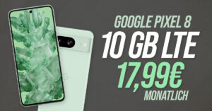 Google Pixel 8 mit Trade-In Bonus (Einsendung Altgerät) für einmalig 49 Euro (statt 149 Euro) mit 10GB LTE nur 17,99 Euro monatlich
