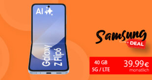 Samsung Galaxy Z Flip6 & Samsung Flipsuit Case mit Trade-In Bonus für einmalig 49 Euro mit 40GB 5GLTE & 50 Euro Wechselbonus bei Rufnummermitnahme nur 39,99 Euro monatlich