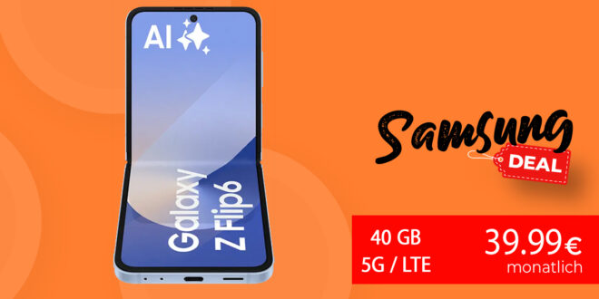 Samsung Galaxy Z Flip6 & Samsung Flipsuit Case mit Trade-In Bonus für einmalig 49 Euro mit 40GB 5GLTE & 50 Euro Wechselbonus bei Rufnummermitnahme nur 39,99 Euro monatlich