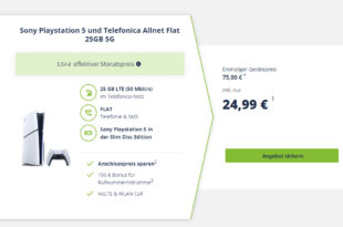 Sony Playstation 5 SLIM Disc Edition PS5 für einmalig 75 Euro mit 25GB 5GLTE Telefonica Allnet Flat & 150€ Bonus bei Rufnummermitnahme nur 24,99 Euro monatlich