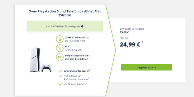 Sony Playstation 5 SLIM Disc Edition PS5 für einmalig 75 Euro mit 25GB 5GLTE Telefonica Allnet Flat & 150€ Bonus bei Rufnummermitnahme nur 24,99 Euro monatlich