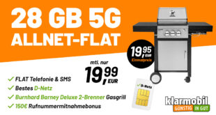 Burnhard Barney Deluxe 2-Brenner Gasgrill mit Telekom Allnet Flat 28GB 5G & 150 Euro Wechselbonus bei Rufnummermitnahme nur 19,99 Euro monatlich