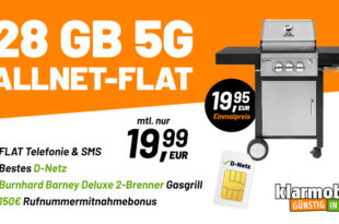 Burnhard Barney Deluxe 2-Brenner Gasgrill mit Telekom Allnet Flat 28GB 5G & 150 Euro Wechselbonus bei Rufnummermitnahme nur 19,99 Euro monatlich