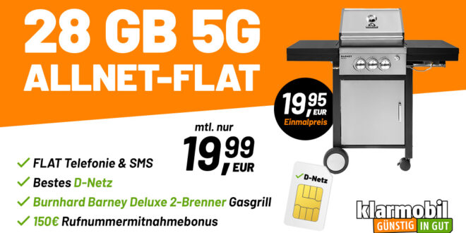 Burnhard Barney Deluxe 2-Brenner Gasgrill mit Telekom Allnet Flat 28GB 5G & 150 Euro Wechselbonus bei Rufnummermitnahme nur 19,99 Euro monatlich