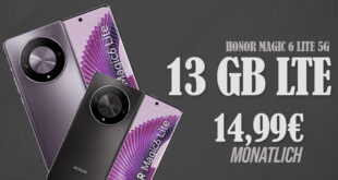 2x Honor Magic 6 Lite 5G für einmalig 1 Euro mit 13GB LTE und 30 Euro Wechselbonus bei Rufnummernmitnahme nur 14,99 Euro monatlich