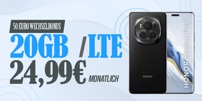 Honor Magic 6 Pro für einmalig 49 Euro mit 20GB LTE und 50 Euro Wechselbonus nur 24,99 Euro monatlich