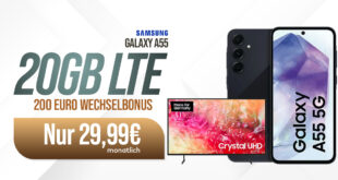 Samsung Galaxy A55 5G & Samsung UHD 4K TV für einmalig 189 Euro mit 20GB 5G/LTE und 200 Euro Wechselbonus bei Rufnummermitnahme nur 29,99 Euro monatlich