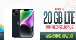 Apple iPhone 14 für einmalig 99 Euro mit 20GB LTE und 50 Euro Wechselbonus bei Rufnummermitnahme nur 24,99 Euro monatlich