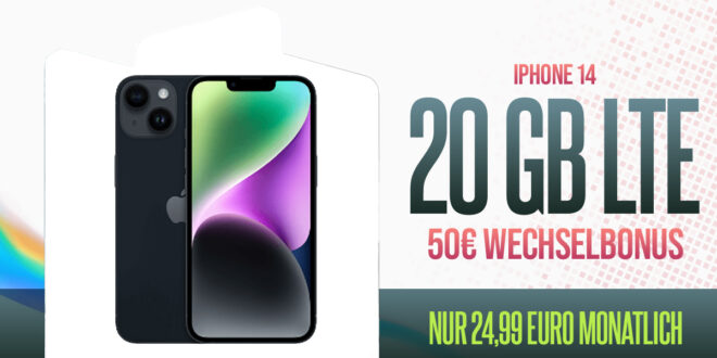 Apple iPhone 14 für einmalig 99 Euro mit 20GB LTE und 50 Euro Wechselbonus bei Rufnummermitnahme nur 24,99 Euro monatlich