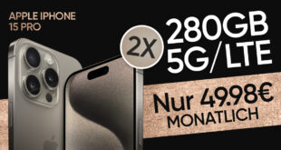 o2 Doppelkartenaktion mit 2x Mobile XL – 2x 280GB LTE/5G für monatlich 49,98 Euro – Apple iPhone 15 Pro -128GB- einmalig nur 1 Euro