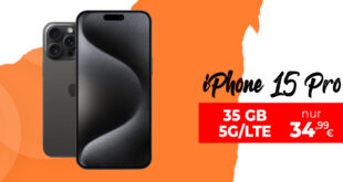 Apple iPhone 15 Pro für einmalig 359 Euro mit 35GB 5GLTE und 200 Euro Wechselbonus bei Rufnummermitnahme nur 34,99 Euro monatlich