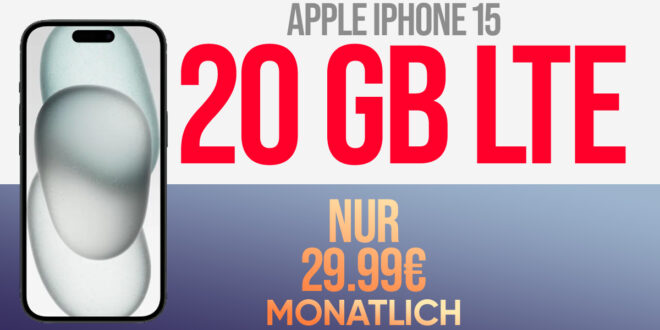 Apple iPhone 15 für einmalig 49 Euro mit 20GB LTE und 100 Euro Wechselbonus bei Rufnummernmitnahme nur 29,99 Euro monatlich