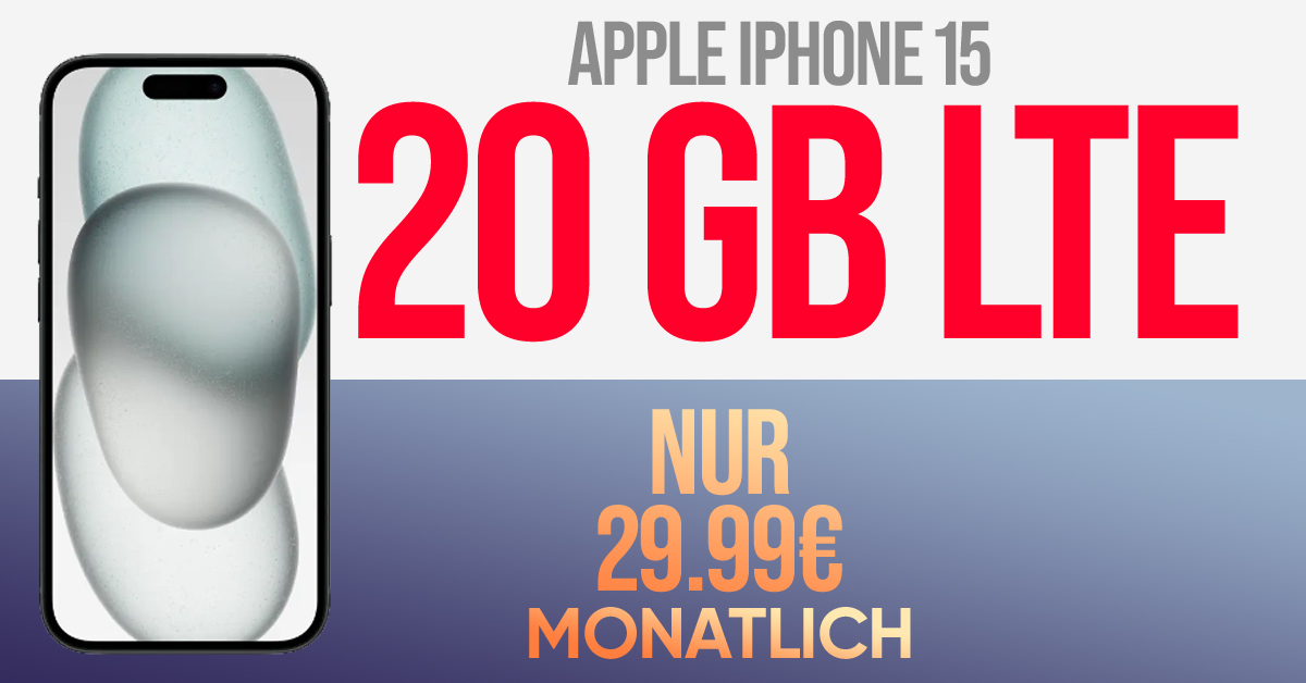 Apple iPhone 15 für einmalig 49 Euro mit 20GB LTE und 100 Euro Wechselbonus bei Rufnummernmitnahme nur 29,99 Euro monatlich