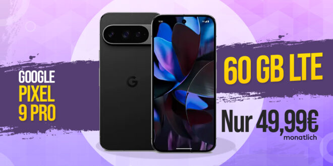 Google Pixel 9 Pro mit Trade-In Bonus (Einsendung Altgerät) für einmalig 79,99 Euro (statt 279,99 Euro) mit 60GB 5G/LTE & 50€ Wechselbonus bei Rufnummermitnahme nur 49,99 Euro monatlich