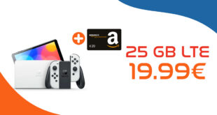 Nintendo Switch OLED für einmalig 19 Euro mit 25GB 5GLTE und 150€ Wechselbonus bei Mitnahme der alten Rufnummer nur 19,99 Euro monatlich - Amazon 20 Euro Gutschein onTop