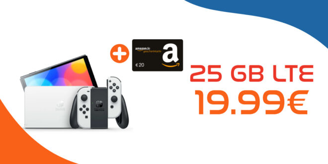 Nintendo Switch OLED für einmalig 19 Euro mit 25GB 5GLTE und 150€ Wechselbonus bei Mitnahme der alten Rufnummer nur 19,99 Euro monatlich - Amazon 20 Euro Gutschein onTop