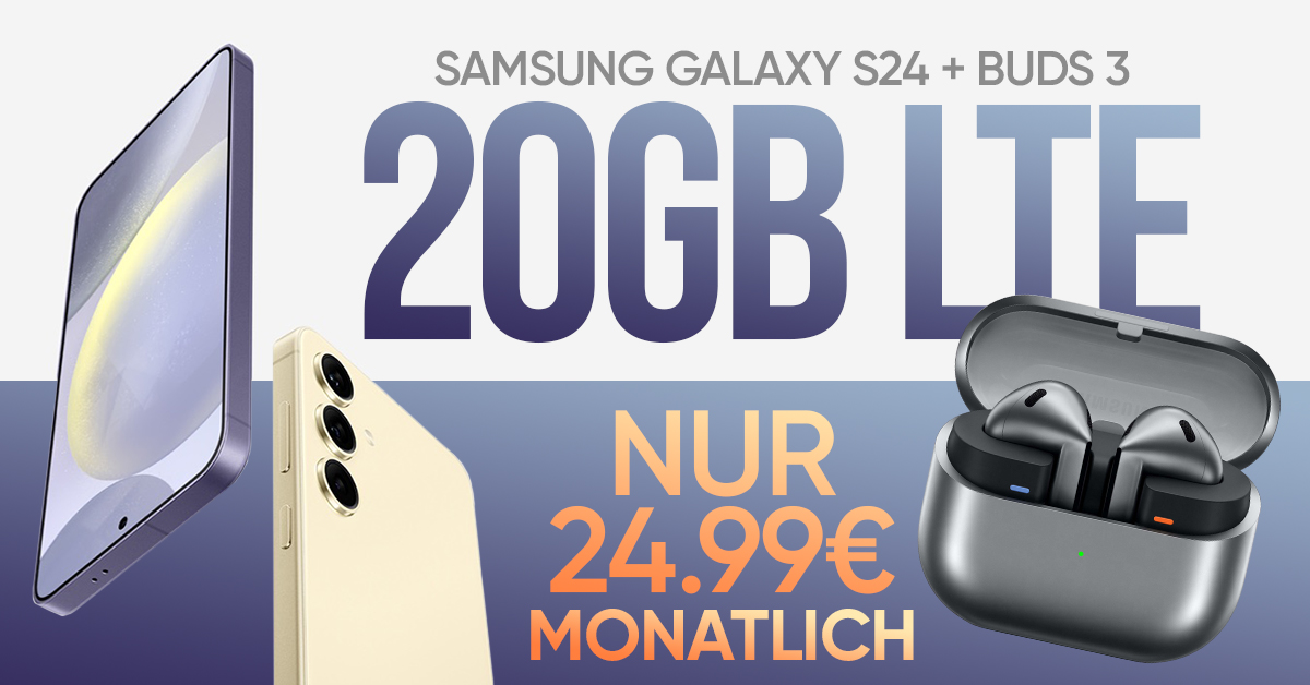 Samsung Galaxy S24 & Galaxy Buds 3 für einmalig 1 Euro mit 20GB LTE und 50 Euro Wechselbonus bei Rufnummernmitnahme nur 24,99 Euro monatlich