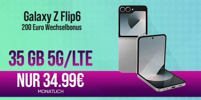 Samsung Galaxy Z Flip6 -256GB- für einmalig 209 Euro mit 35GB 5GLTE und 200 Euro Wechselbonus bei Rufnummermitnahme nur 34,99 Euro monatlich