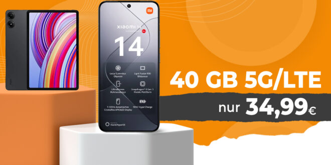 Xiaomi 14 5G -512GB- & Xiaomi Redmi Pad Pro für einmalig 19 Euro mit 40GB 5GLTE und 50 Euro Wechselbonus bei Rufnummernmitnahme nur 34,99 Euro monatlich