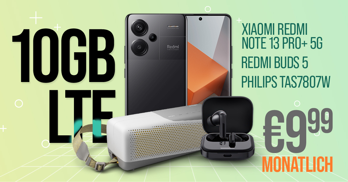 Xiaomi Redmi Note 13 Pro+ 5G (PlusVersion) und Redmi Buds 5 & Philips TAS7807W Bluetooth Lautsprecher mit 10GB LTE nur 9,99 Euro monatlich