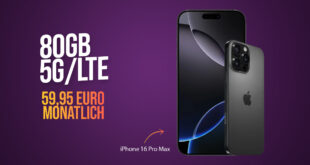 Apple iPhone 16 Pro Max für einmalig 399 Euro mit 80GB 5GLTE und 50 Euro Wechselbonus bei Rufnummermitnahme für 59,95 Euro monatlich