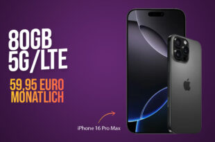 Apple iPhone 16 Pro Max für einmalig 399 Euro mit 80GB 5GLTE und 50 Euro Wechselbonus bei Rufnummermitnahme für 59,95 Euro monatlich