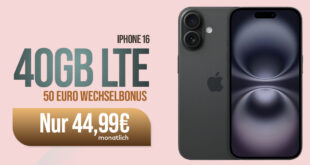 Apple iPhone 16 für einmalig 199 Euro mit 40GB LTE und 50 Euro Wechselbonus bei Rufnummermitnahme nur 44,99 Euro monatlich