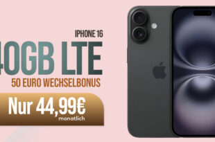 Apple iPhone 16 für einmalig 199 Euro mit 40GB LTE und 50 Euro Wechselbonus bei Rufnummermitnahme nur 44,99 Euro monatlich