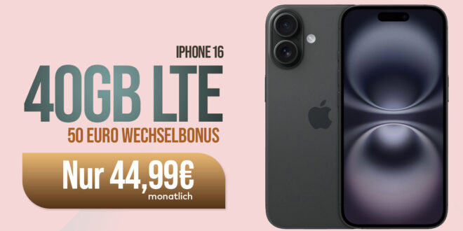 Apple iPhone 16 für einmalig 199 Euro mit 40GB LTE und 50 Euro Wechselbonus bei Rufnummermitnahme nur 44,99 Euro monatlich