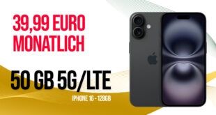 Apple iPhone 16 für einmalig 279,95 Euro mit 50GB 5GLTE und 200€ Rufnummernmitnahme-Bonus nur 39,99 Euro monatlich