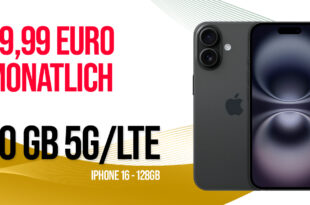 Apple iPhone 16 für einmalig 279,95 Euro mit 50GB 5GLTE und 200€ Rufnummernmitnahme-Bonus nur 39,99 Euro monatlich